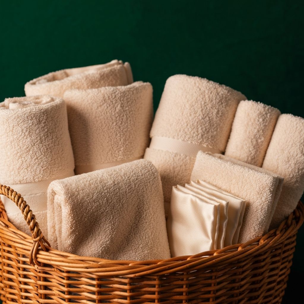 Warm woven basket with folded cream towels